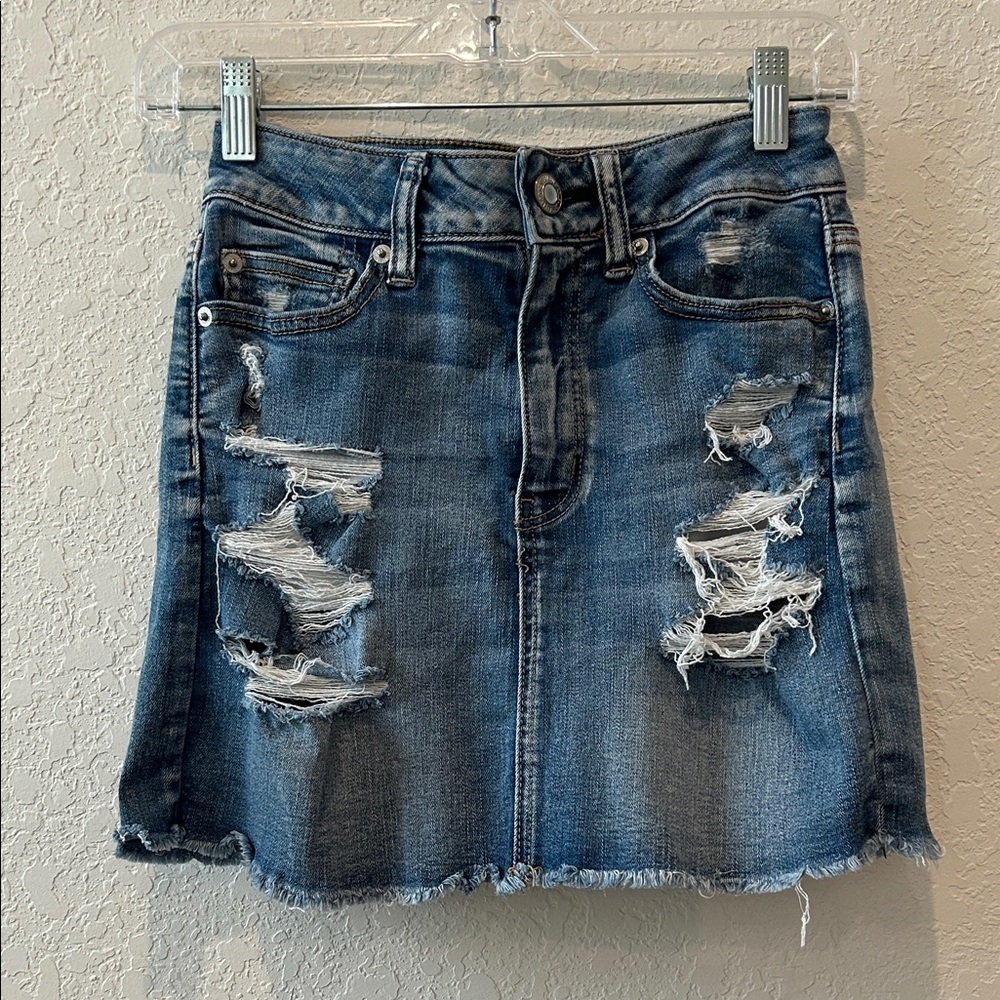 American Eagle Outfitters Blue Distressed Mini Skirt